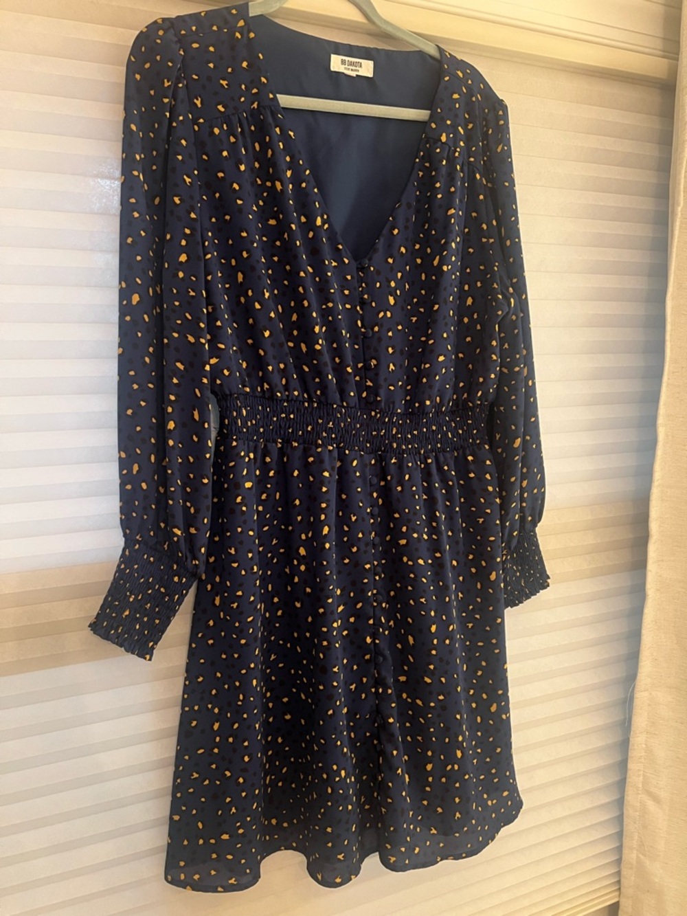 Steve Madden Navy Dress with Gold Spot Print and Smocked Waist